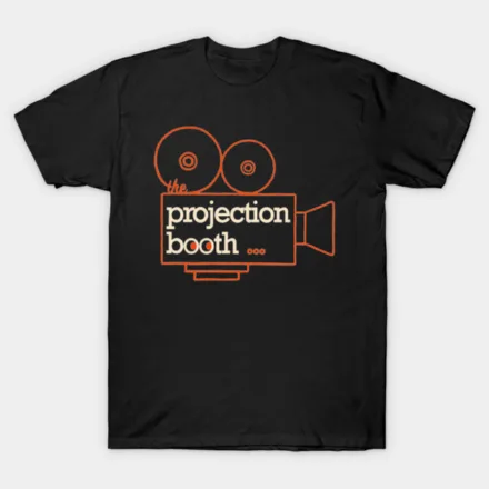 Black t-shirt with big Projection Booth logo across it