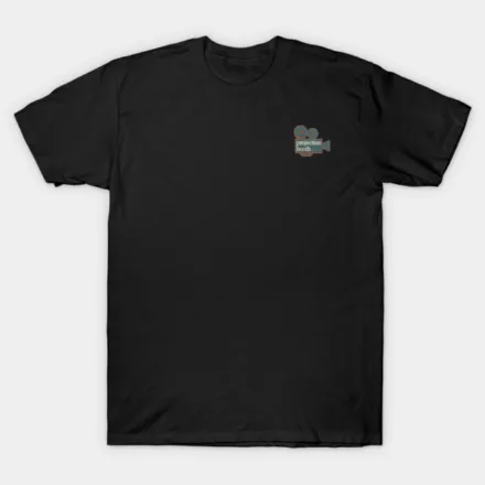 Black t-shirt with Projection Booth logo over the right breast