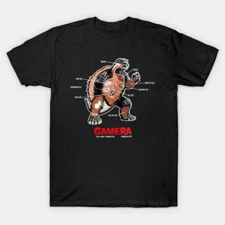 Black t-shirt with anatomically-labeled Gamera (flying turtle kaiju)